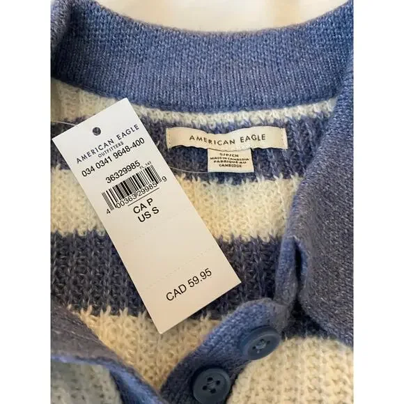 American Eagle Blue and White Striped Collared Sweater - Picture 6 of 7